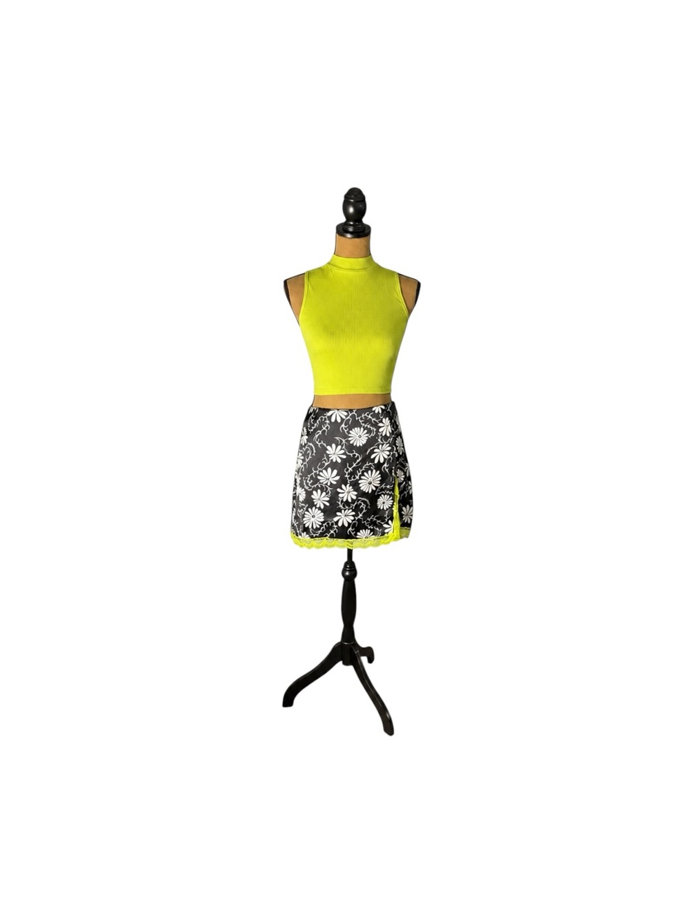Collusion Satin Floral Lace Trim Mini Skirt Y2K 90s Slip Black Daisy US 6